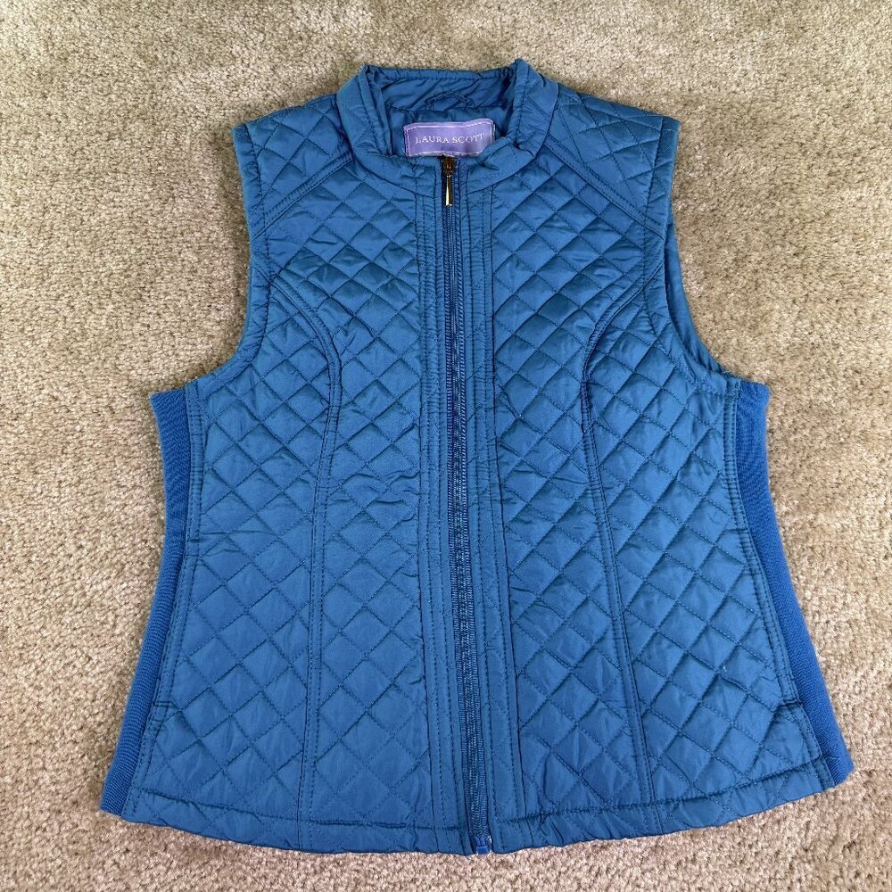 Laura Scott Womens Blue Quilted Vest Zip Front Size Medium Outerwear F061
